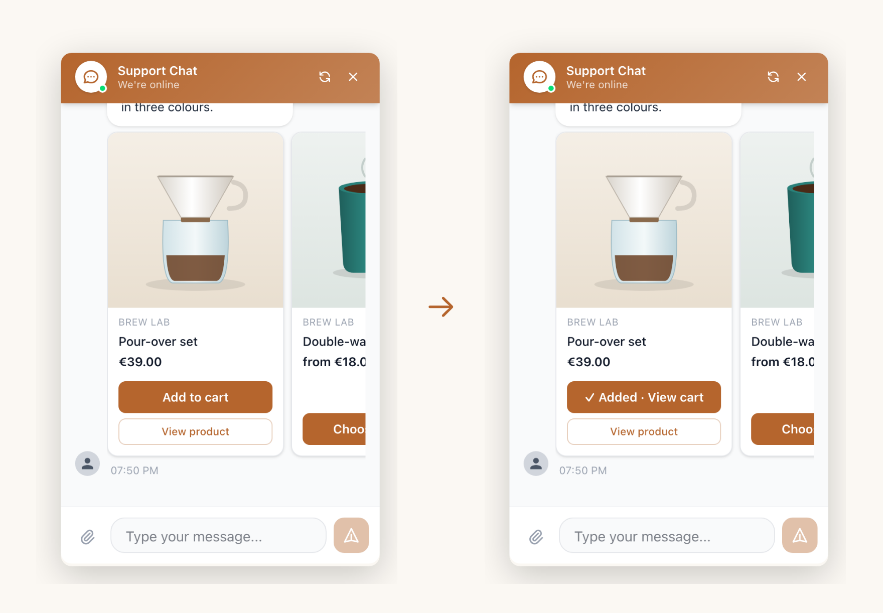 Product cards under a chat reply, and the same card after tapping Add to cart