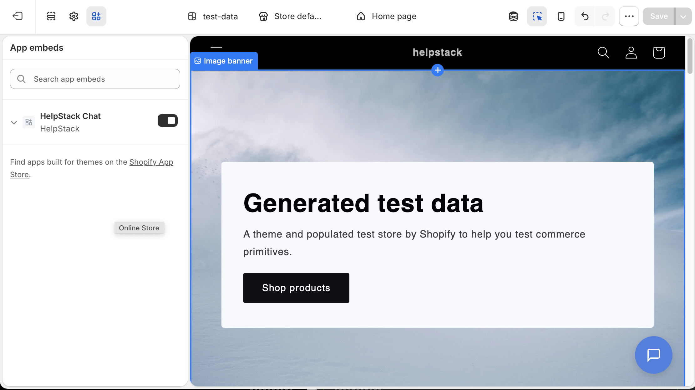 Turn on the HelpStack Chat app embed in the theme editor