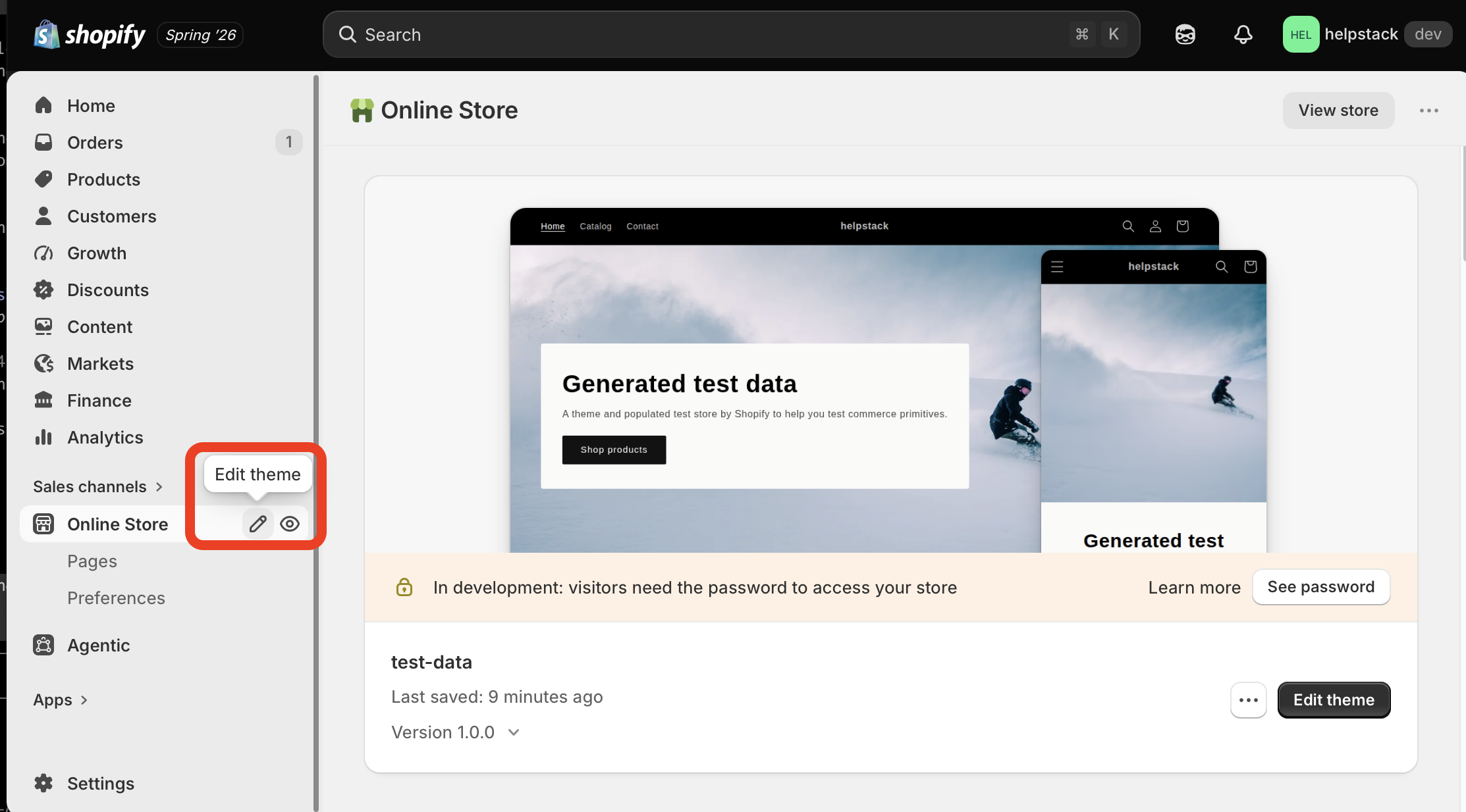 Shopify admin: Online Store → Edit theme