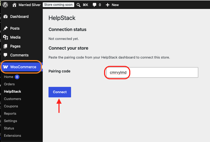 wp-admin WooCommerce → HelpStack screen with the pairing code field filled in and the Connect button