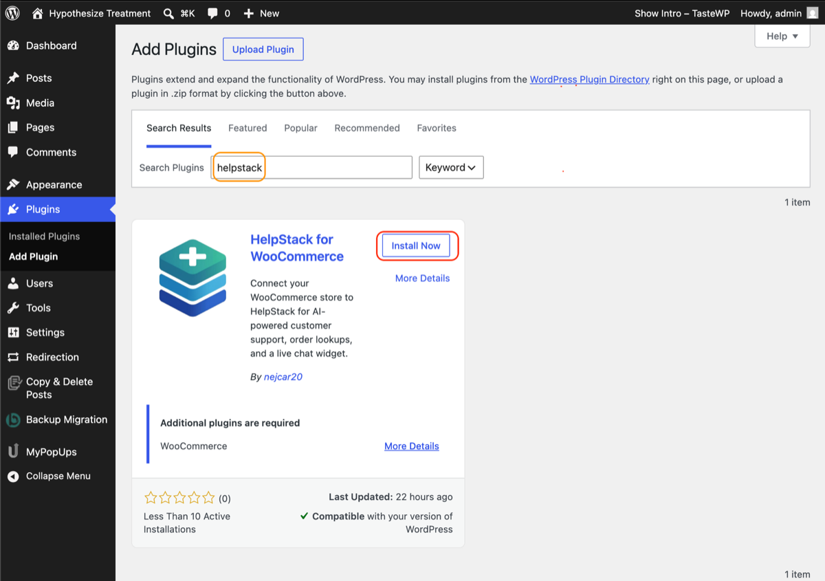 WordPress plugin directory search results for "helpstack," showing the HelpStack for WooCommerce plugin card, its WooCommerce requirement note, and the Install Now button
