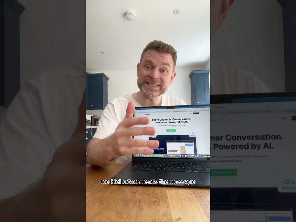 Robi, a small business owner, on camera describing how he answers customer questions live through the HelpStack chat widget.
